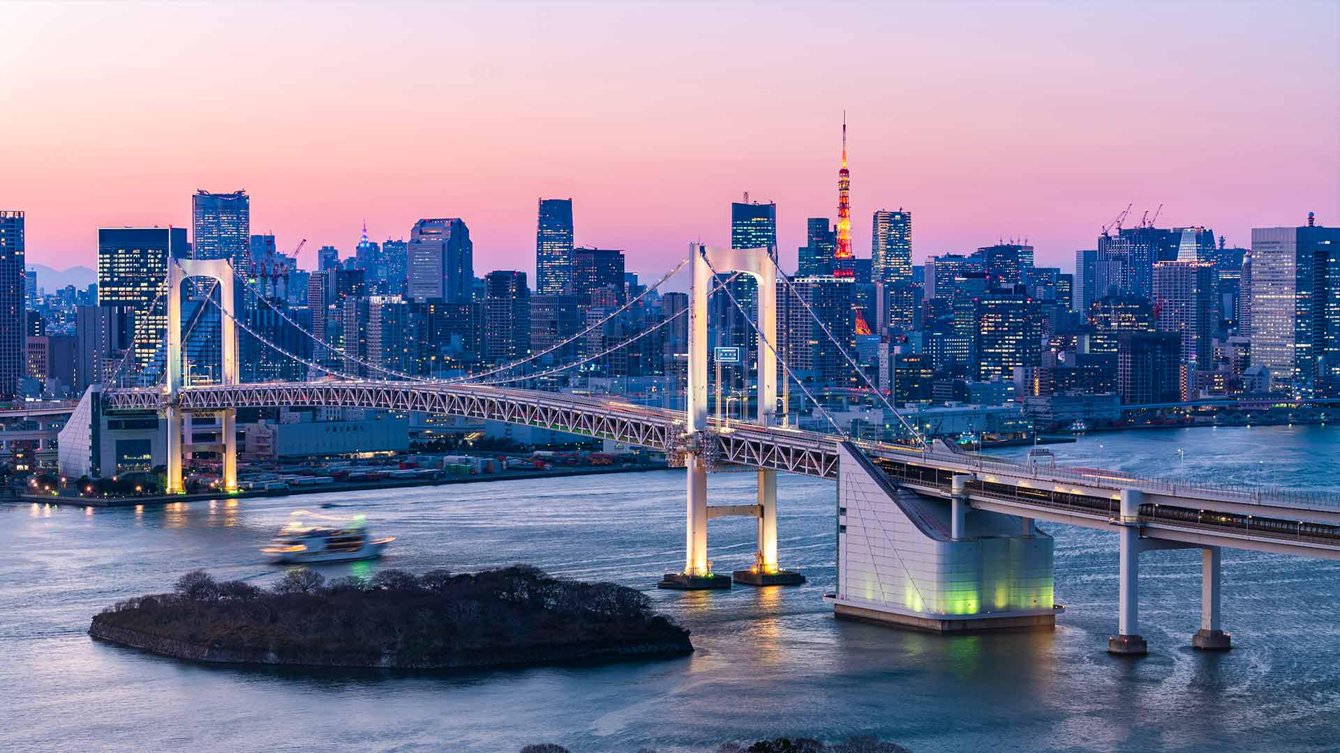 Токийский залив. Токио залив. Япония Токийский залив. Радужный мост на острове Одайба Токио. Токийский залив и Радужный мост.